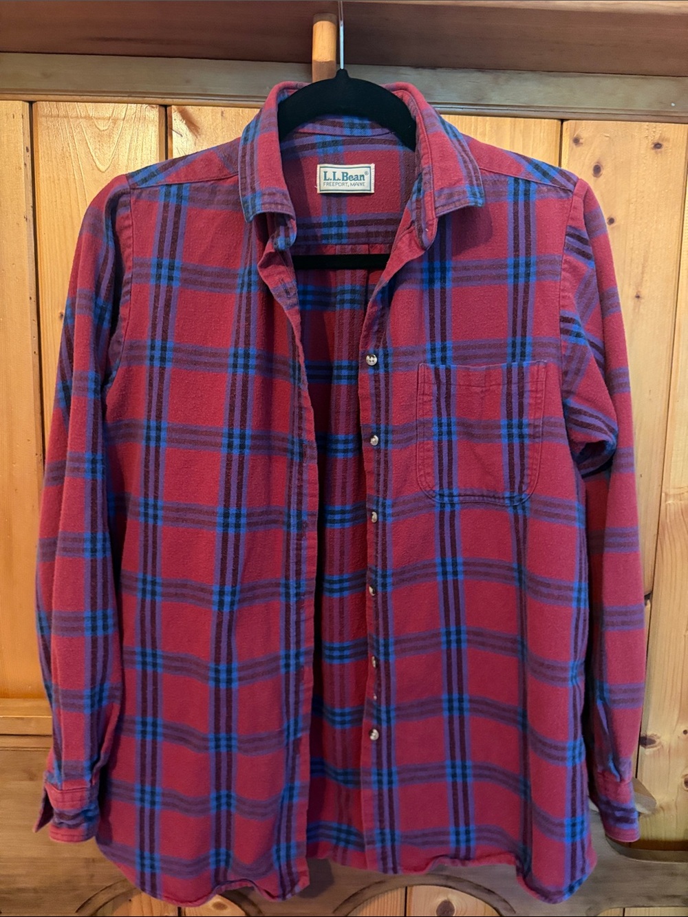 L.L. Bean Red Plaid Button-Down Flannel Shirt with Blue Accents